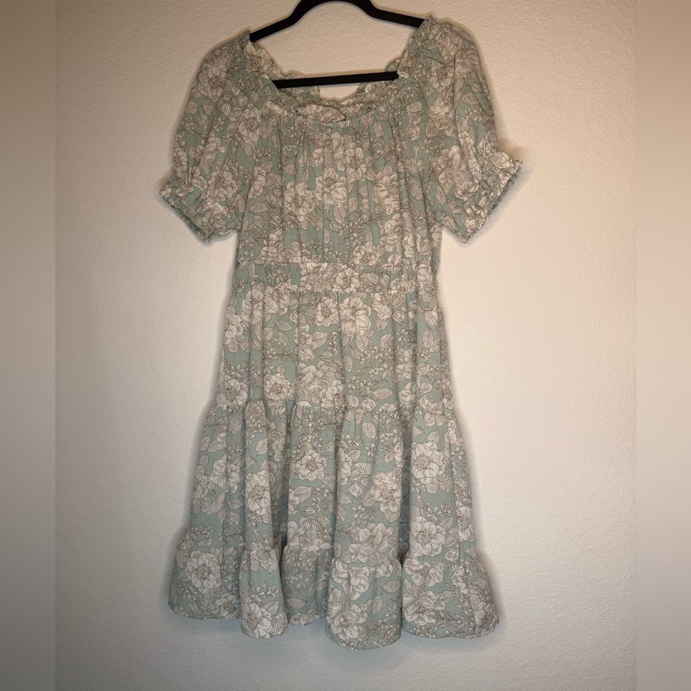Blu Pepper Sage Green Floral Puff-Sleeve Midi Dress